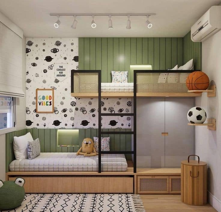 Modern Kids' Bedroom with Bunk Beds and Playful Decor