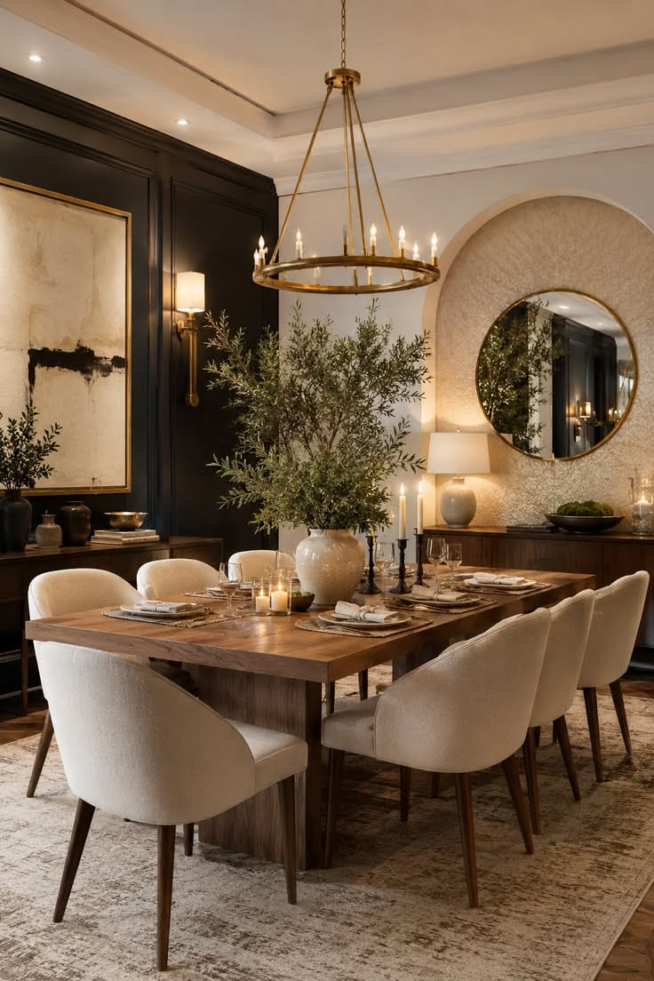 Warm Contemporary Dining Room with Wood Table and Brass Chandelier