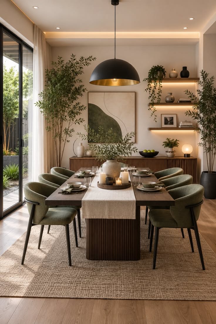 Modern Dining Room with Green Accents and Natural Light
