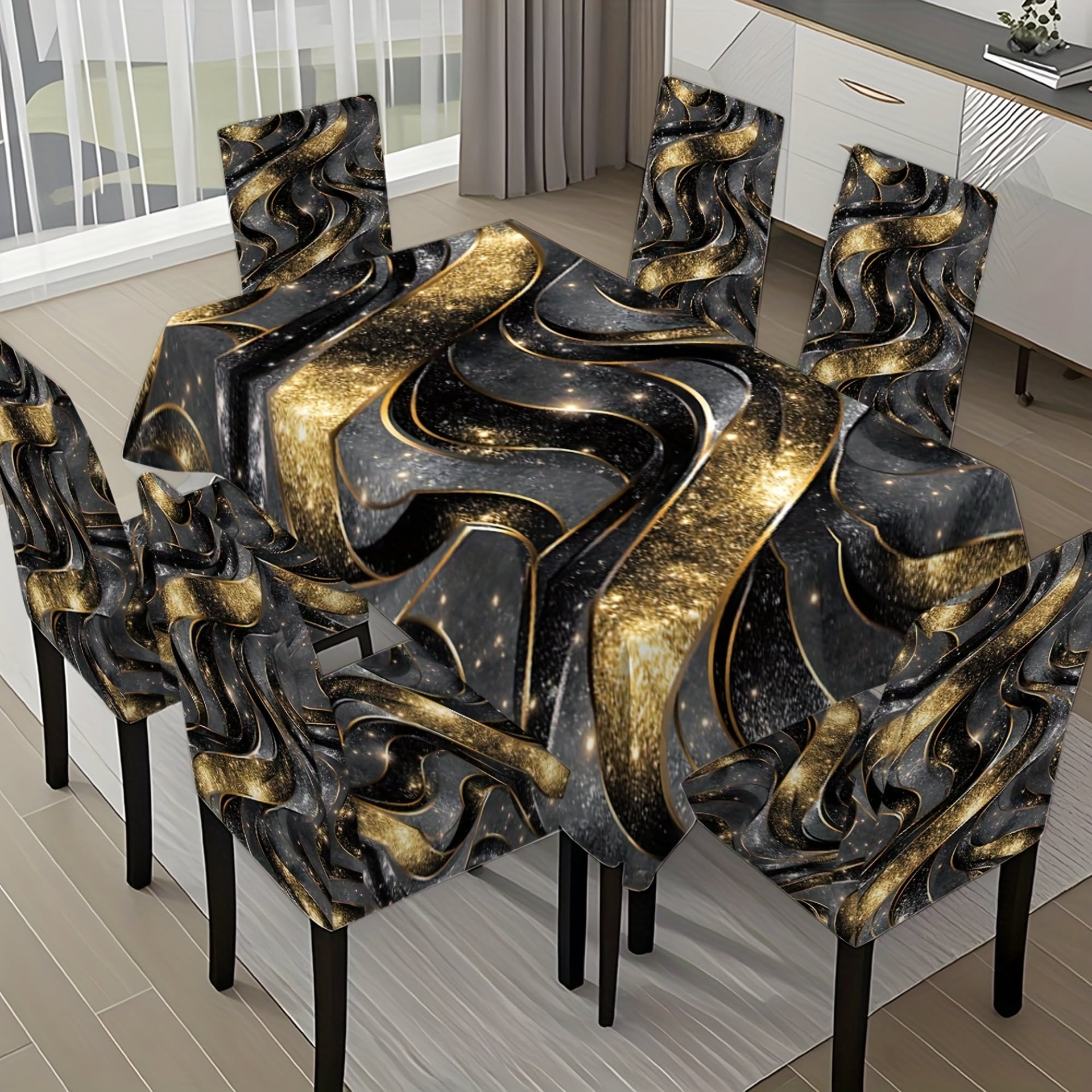 Modern Glam Dining Room with Marble and Gold Accents