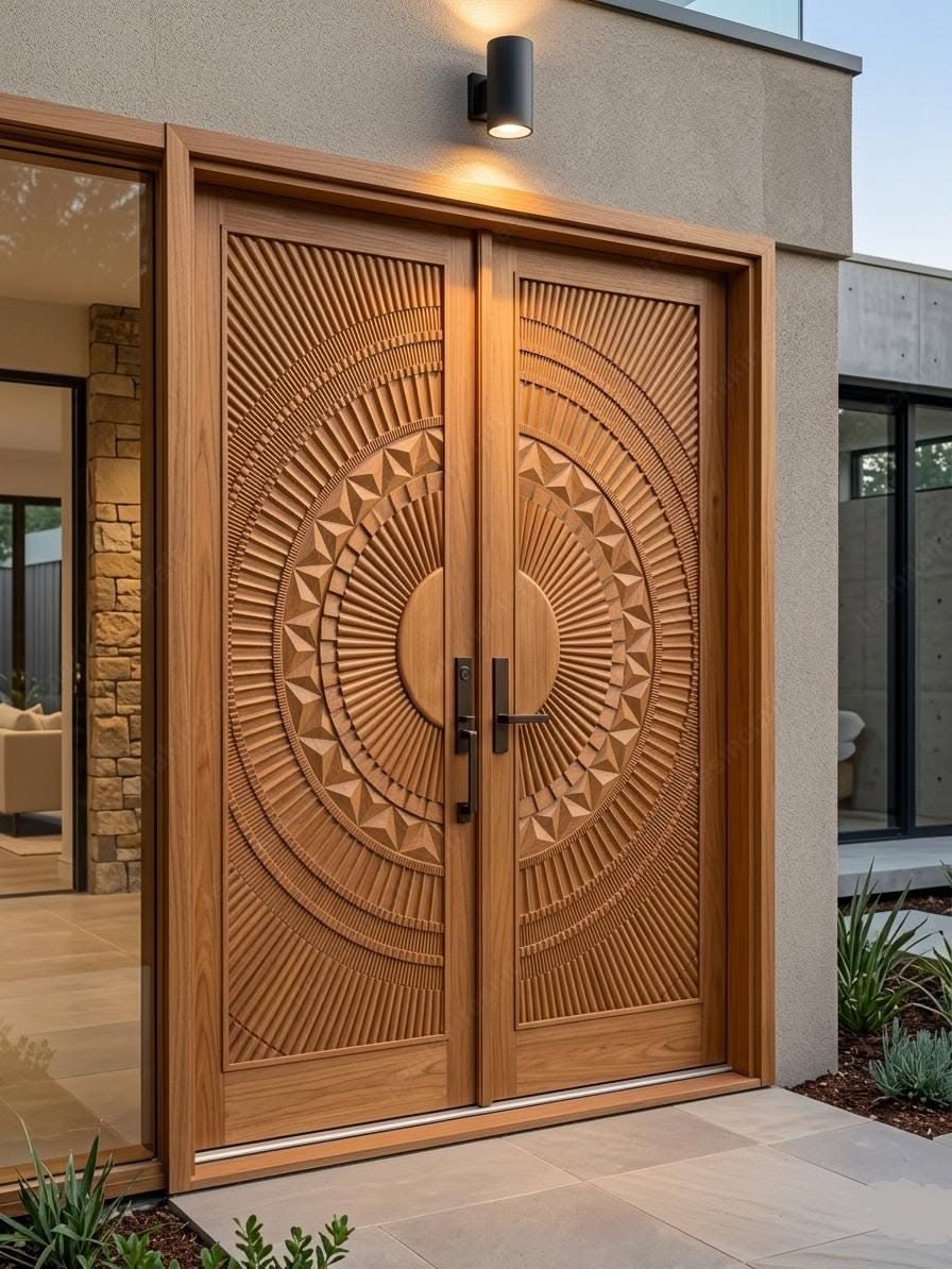 Modern Home Entry with Geometric Carved Wood Double Doors
