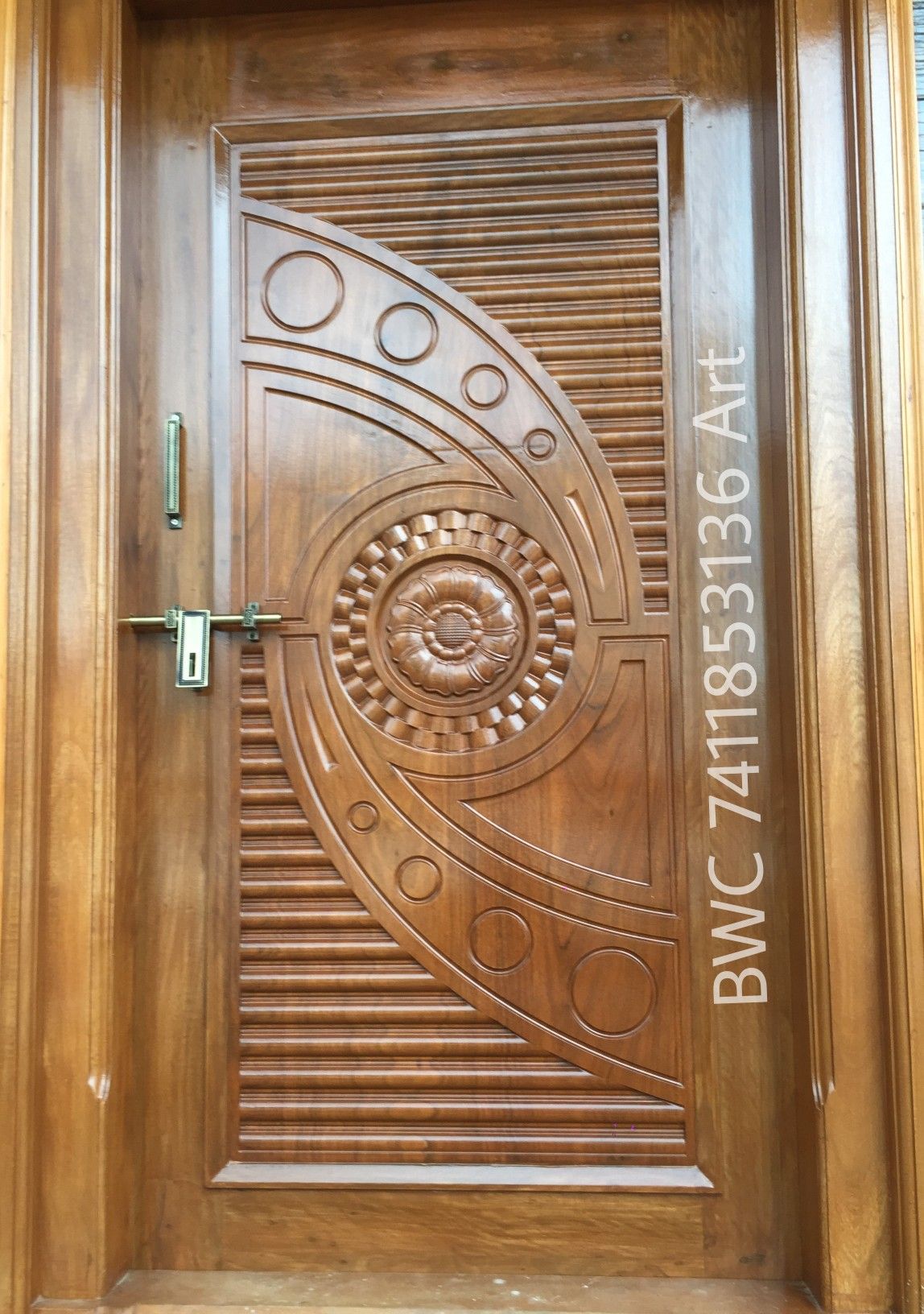 Solid Wood Entry Door with Geometric and Floral Carving Detail