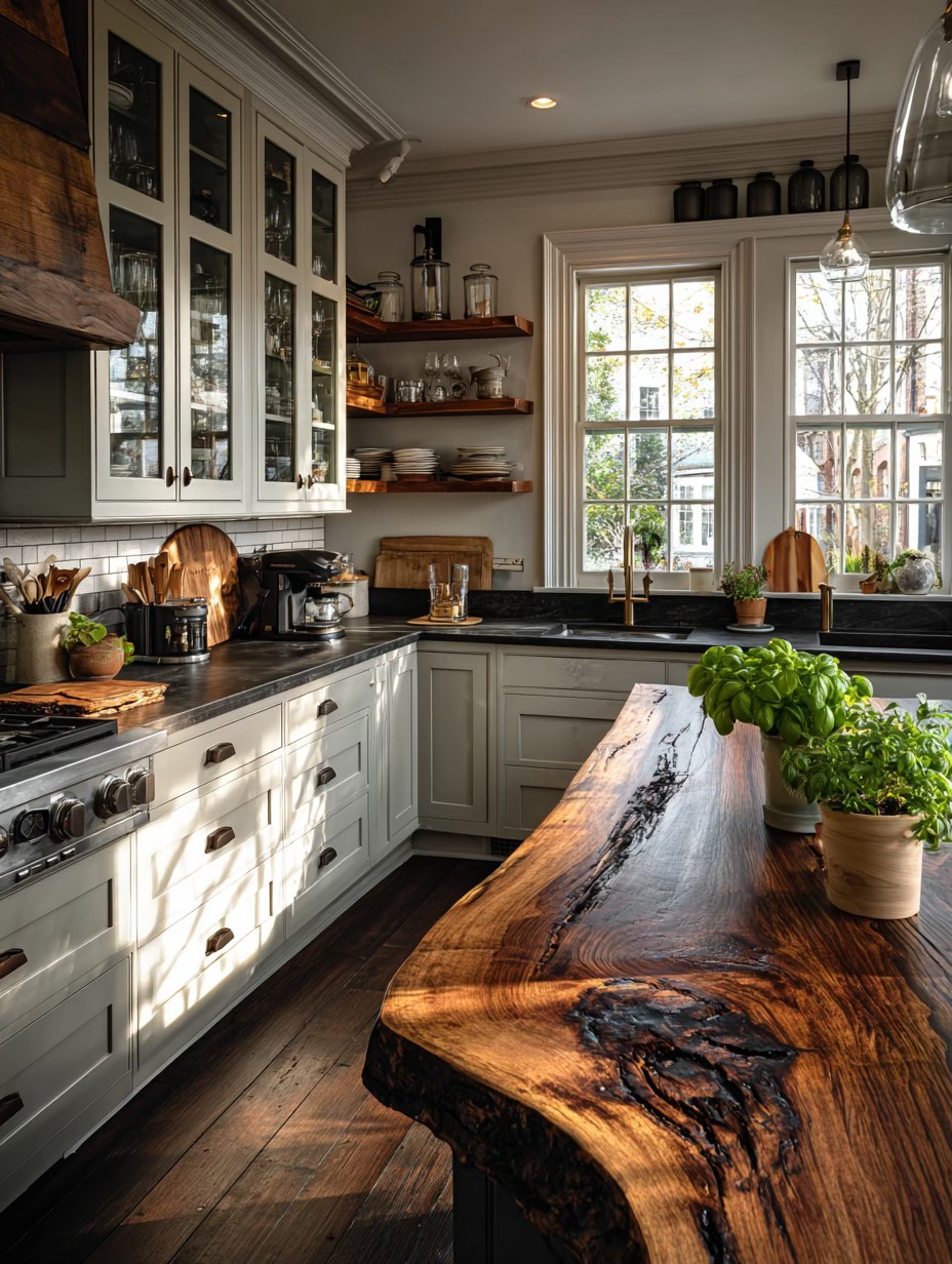 Warm Traditional Kitchen with Live Edge Wood Island and Glass Cabinets