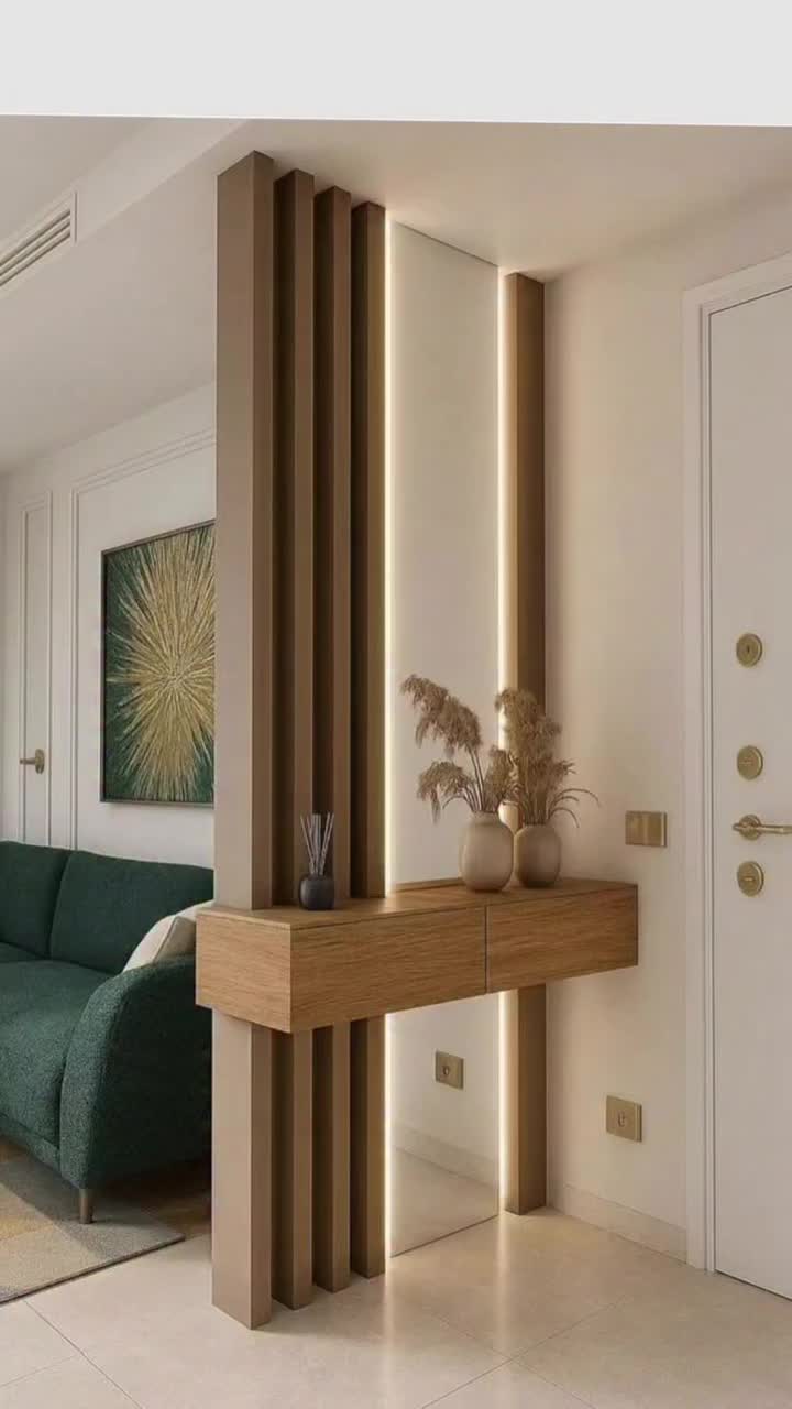 Modern Entryway With Vertical Wood Slats, Floating Console, and Backlit Mirror