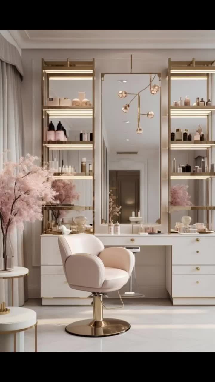 Elegant Vanity Area with Gold Accents and Blush Pink Decor