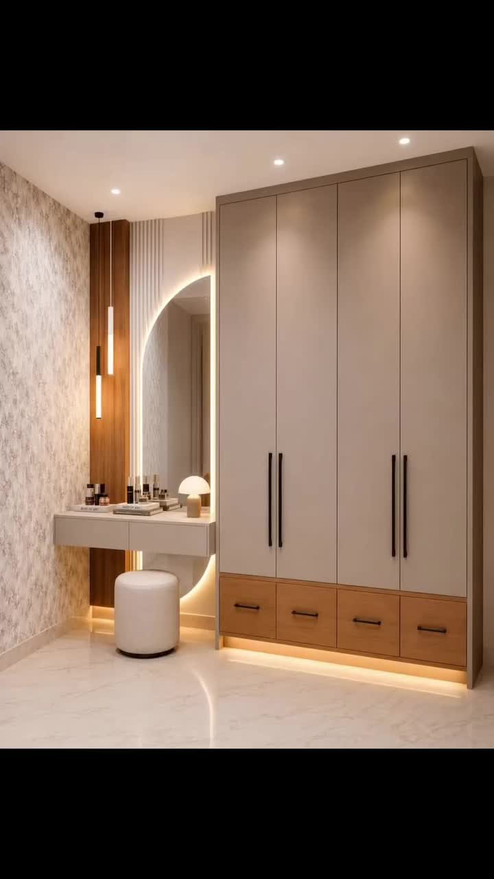 Modern Bedroom Vanity with Lighted Mirror and Built-In Wardrobe