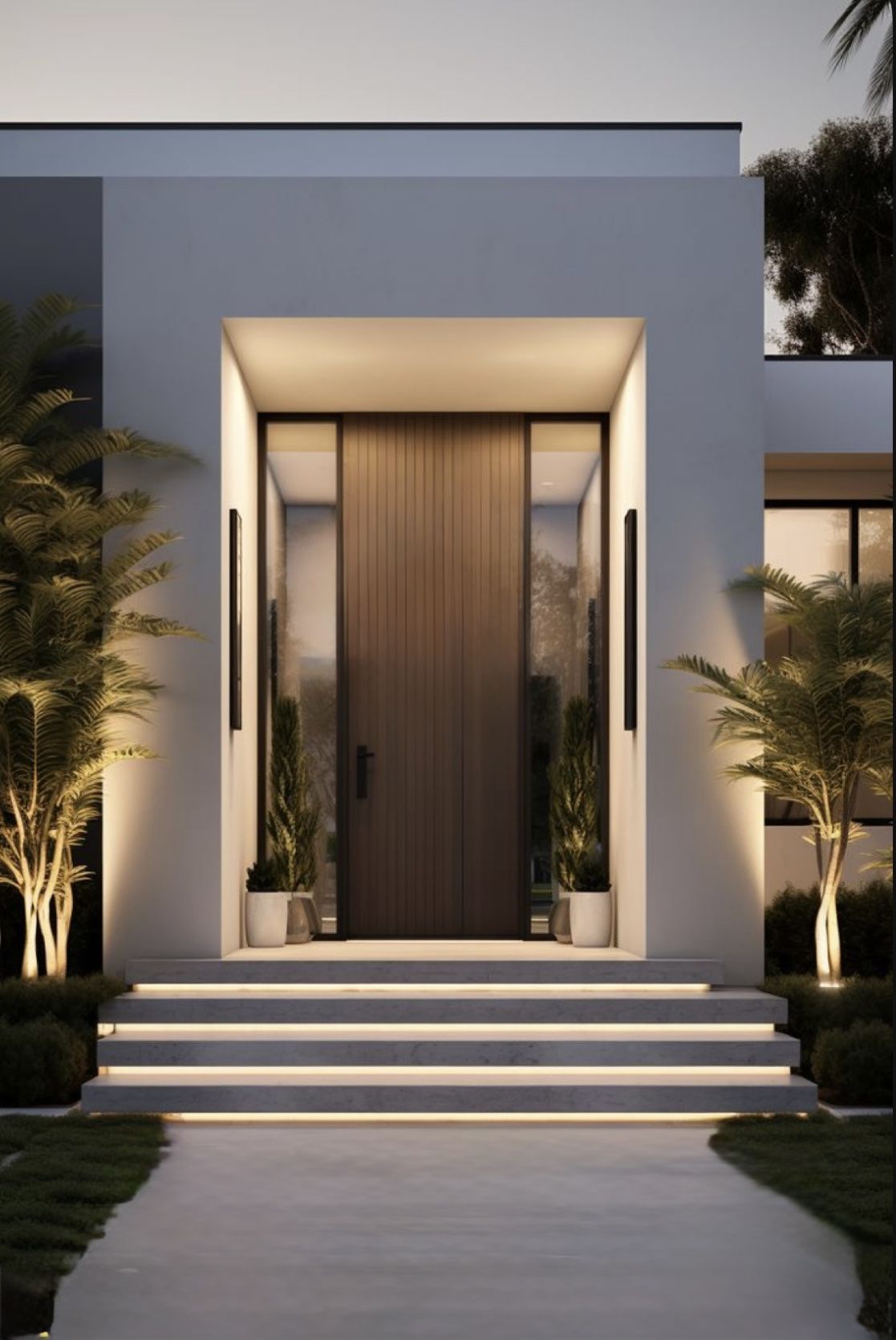 Modern Entryway with Tall Wood Door and Illuminated Steps