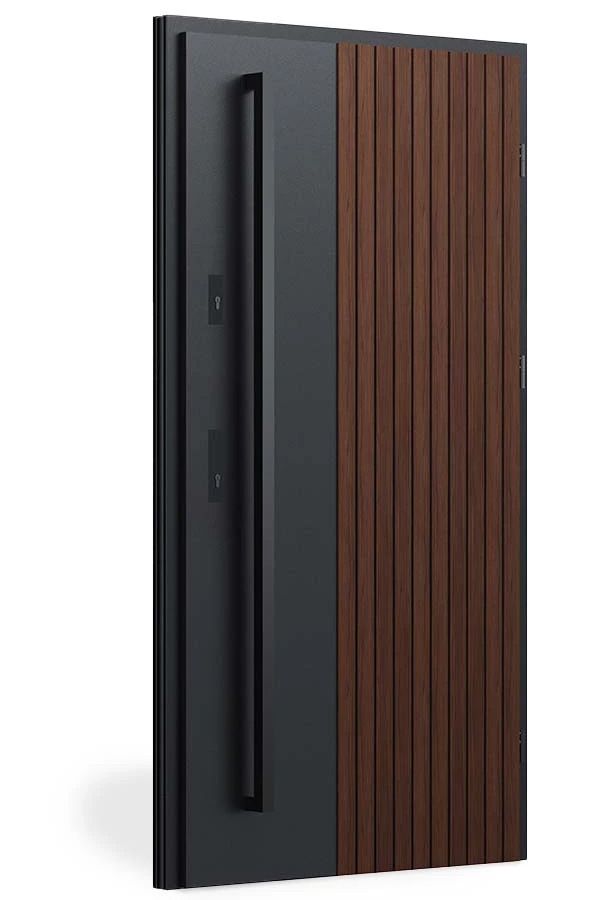 Modern Entry Door with Vertical Wood Slats and Matte Black Panel
