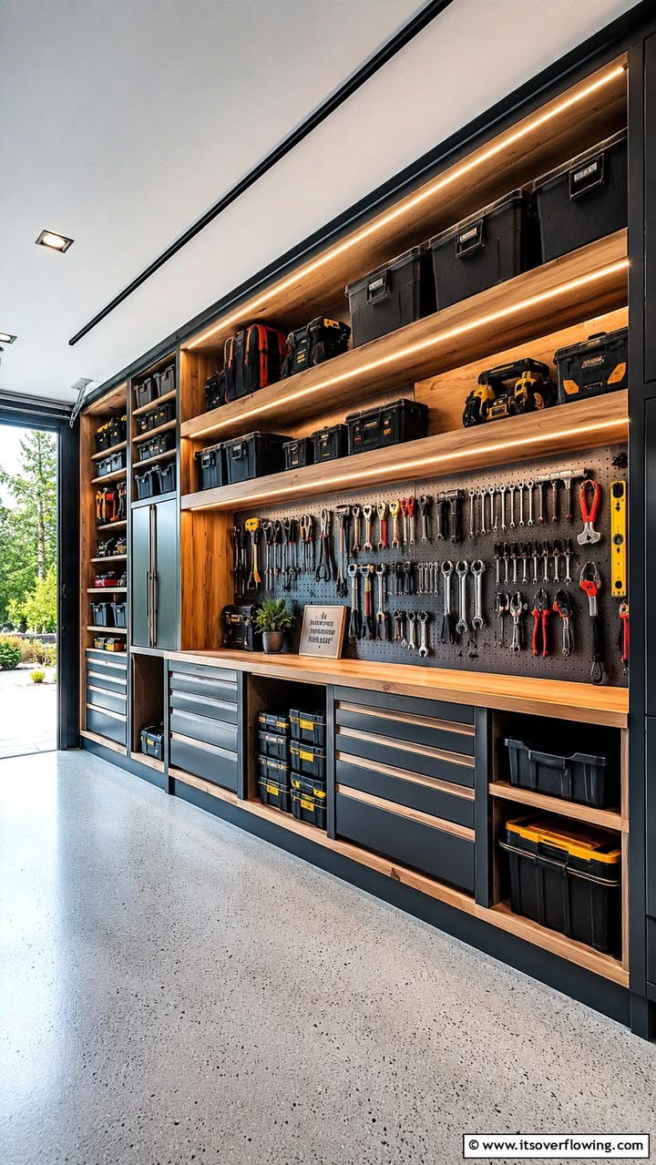 Modern Organized Garage with Custom Tool Storage