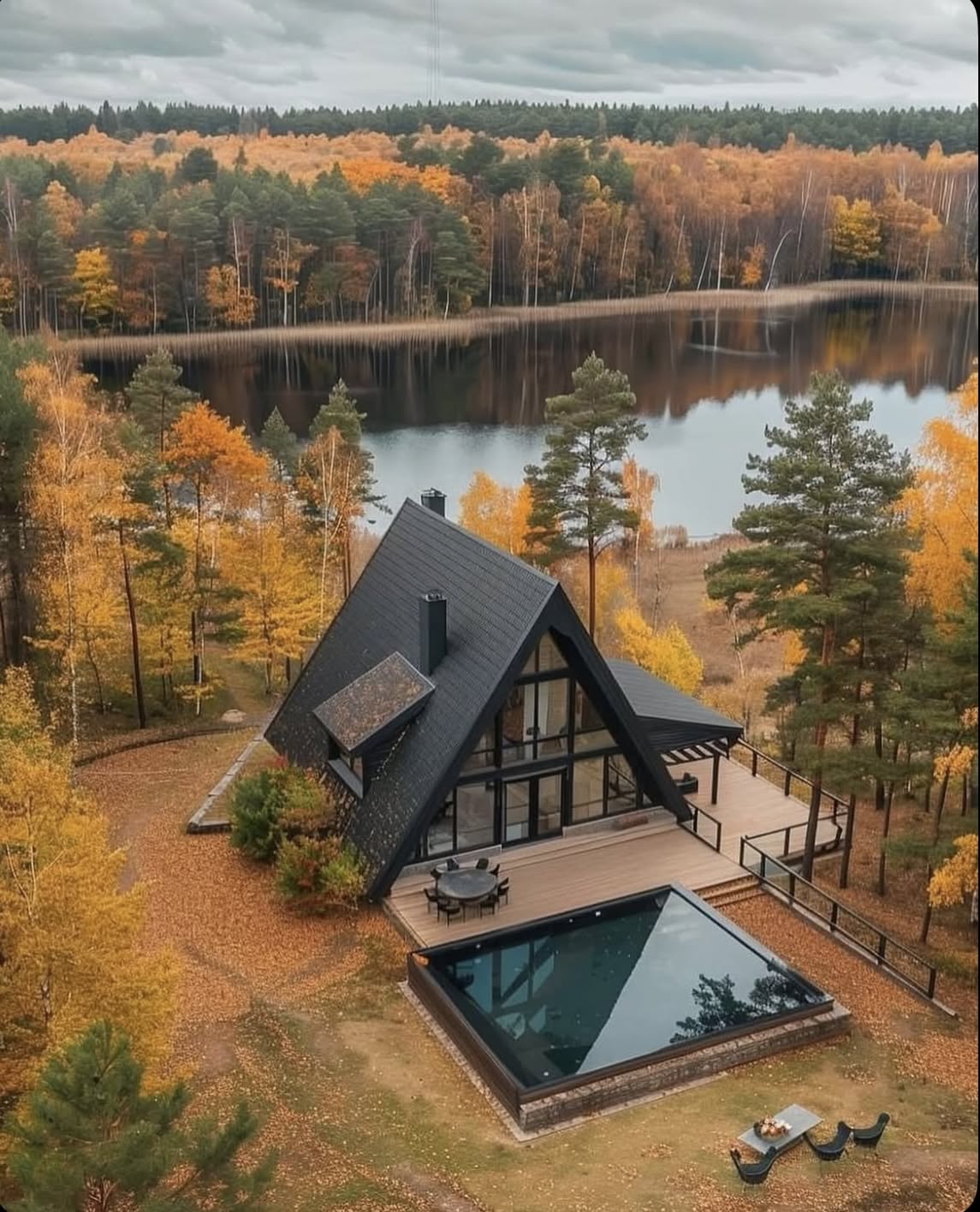Modern A-Frame Cabin with Lake View, Deck, and Geometric Pool