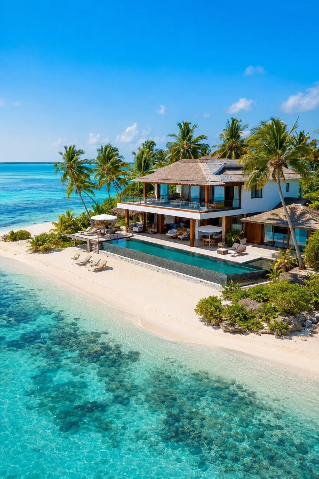 Modern Beachfront Villa with Infinity Pool and Palm-Lined Shoreline