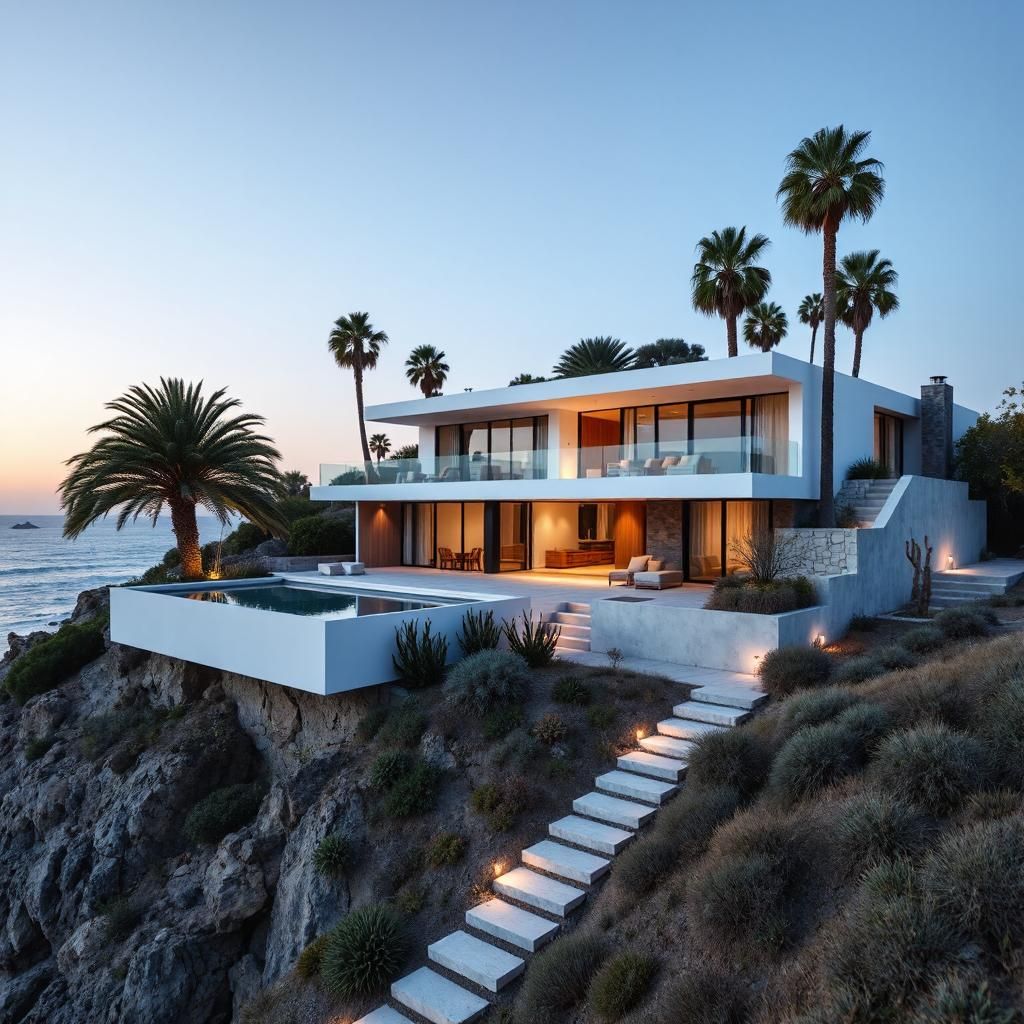 Modern Cliffside Home with Infinity Pool and Ocean View at Sunset