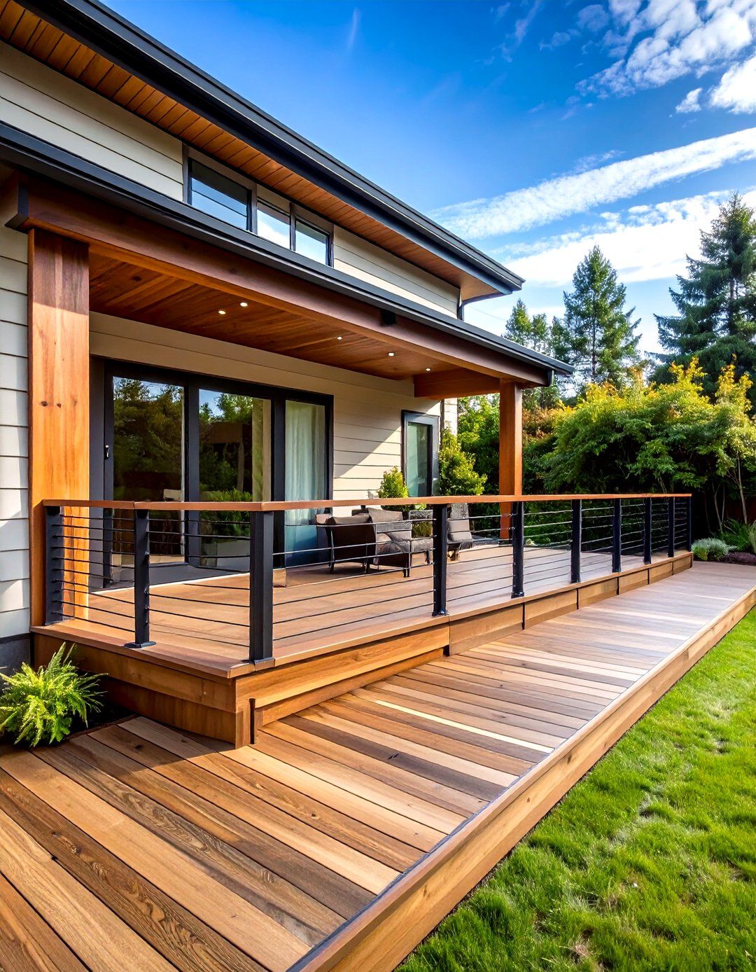Modern Wood Deck With Cable Railing and Covered Patio Area