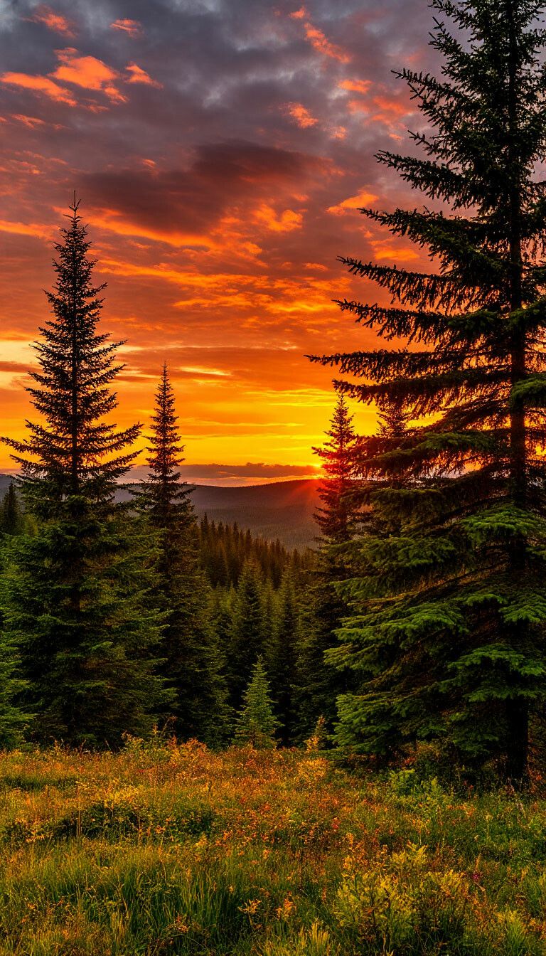 Dramatic Forest Sunrise Over Evergreen Trees and Grassy Meadow