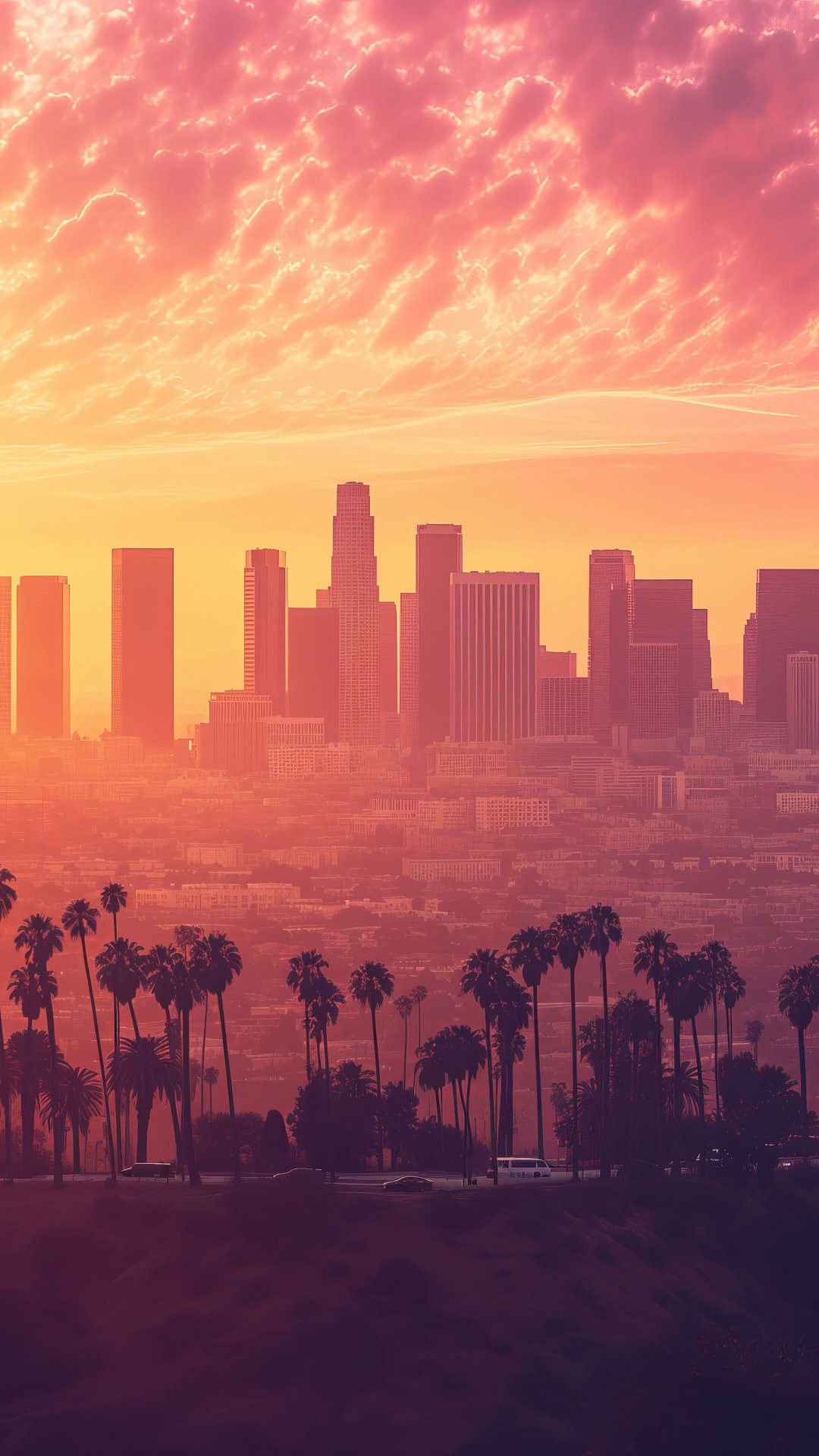 City Skyline with Palm Trees at Sunset Under Vibrant Clouds