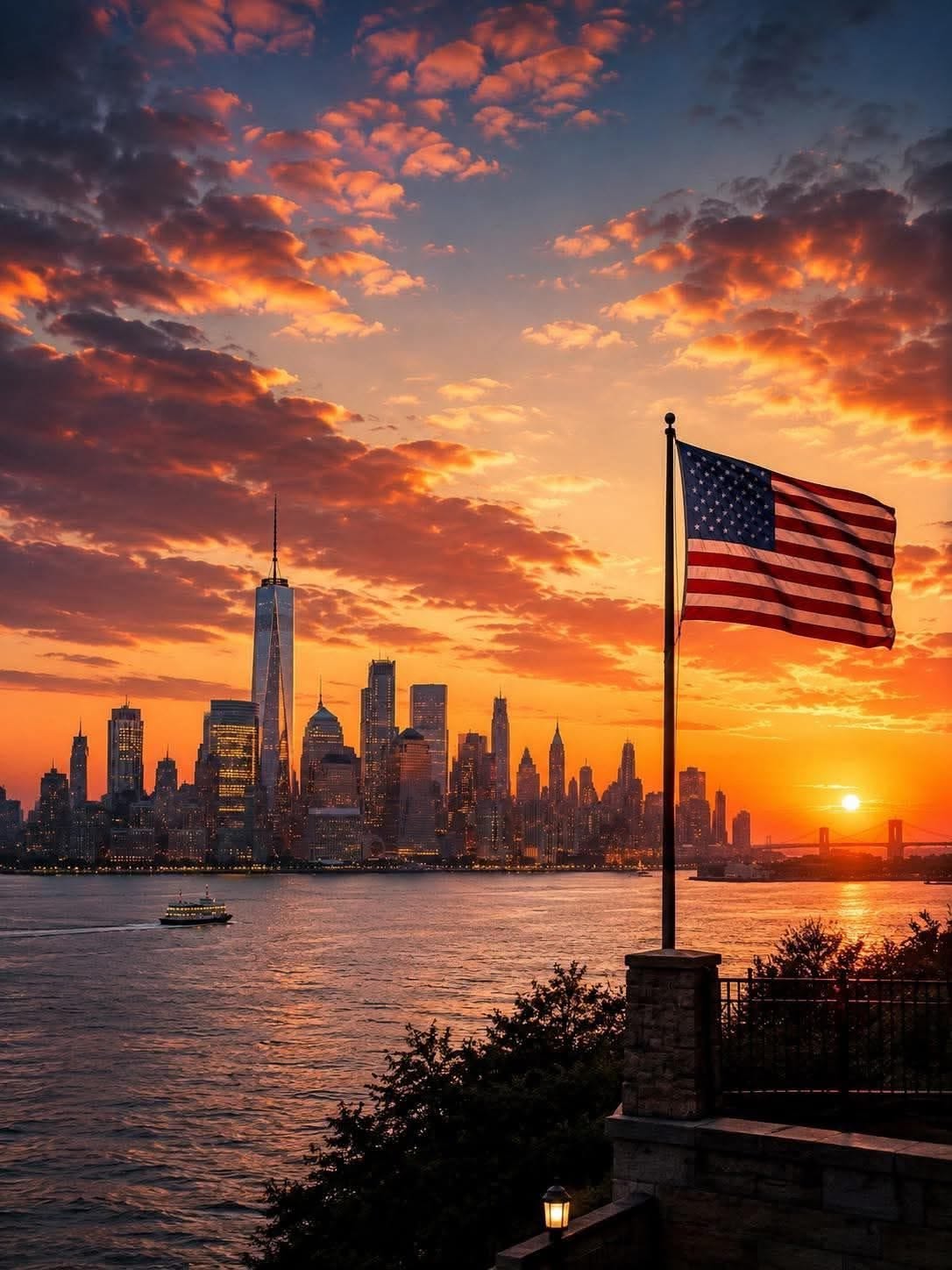 Dramatic City Skyline and River View at Sunset with American Flag
