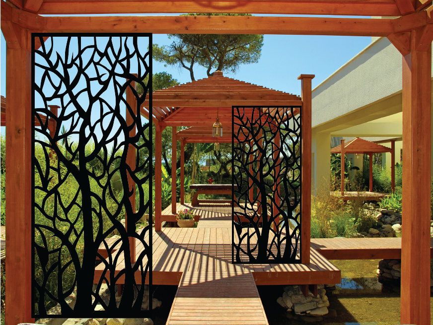 Modern Wood Patio with Decorative Metal Privacy Screens and Pergola