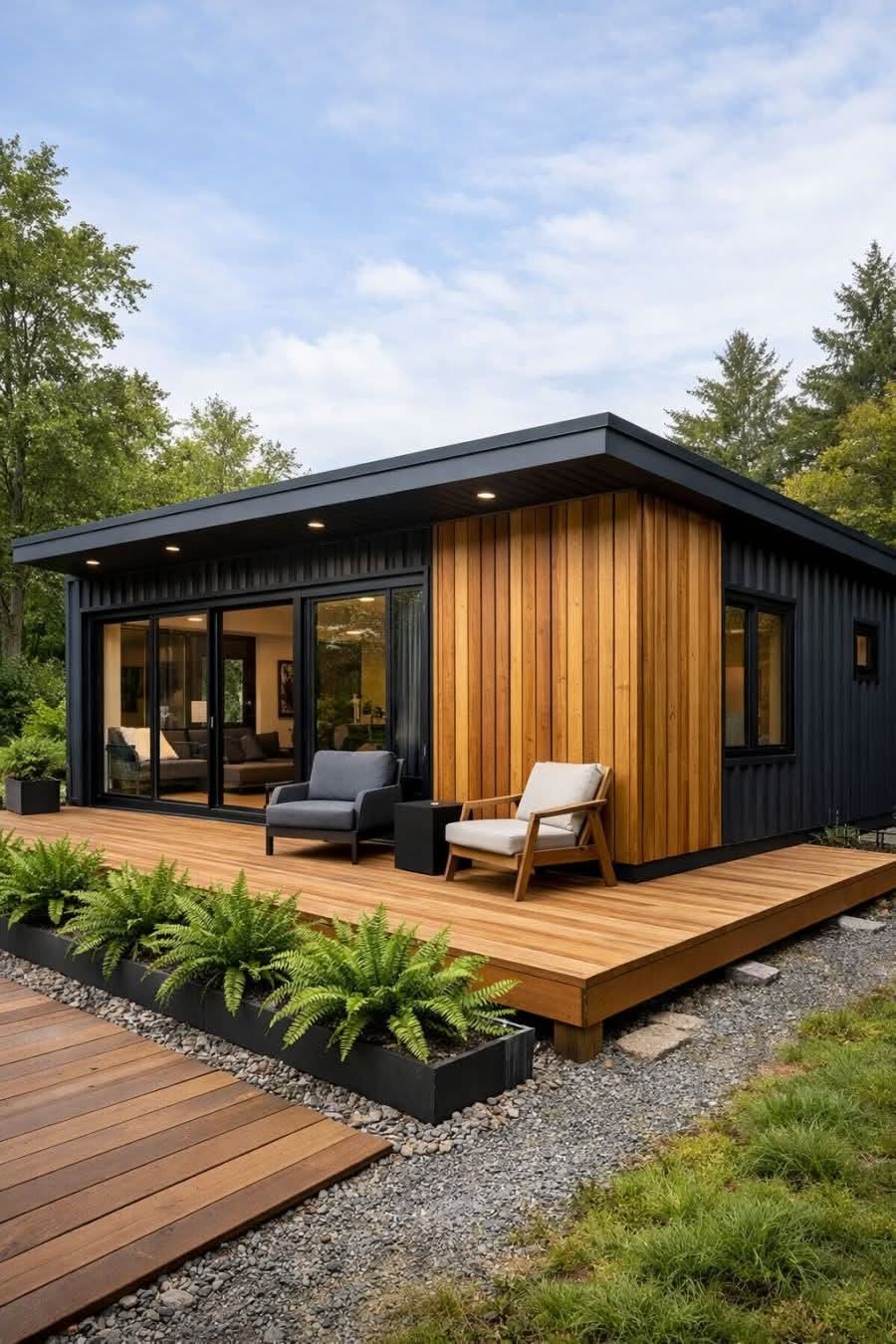 Modern Home Exterior with Wood Cladding and Spacious Deck Seating