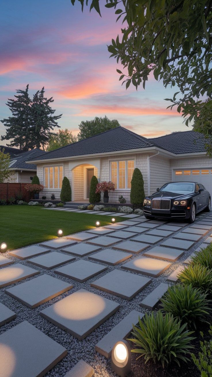 Modern Concrete Paver Driveway with Geometric Layout and Uplighting
