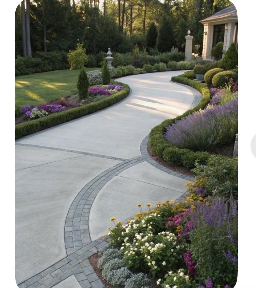 Curved Concrete Driveway with Stone Border and Lush Flower Beds