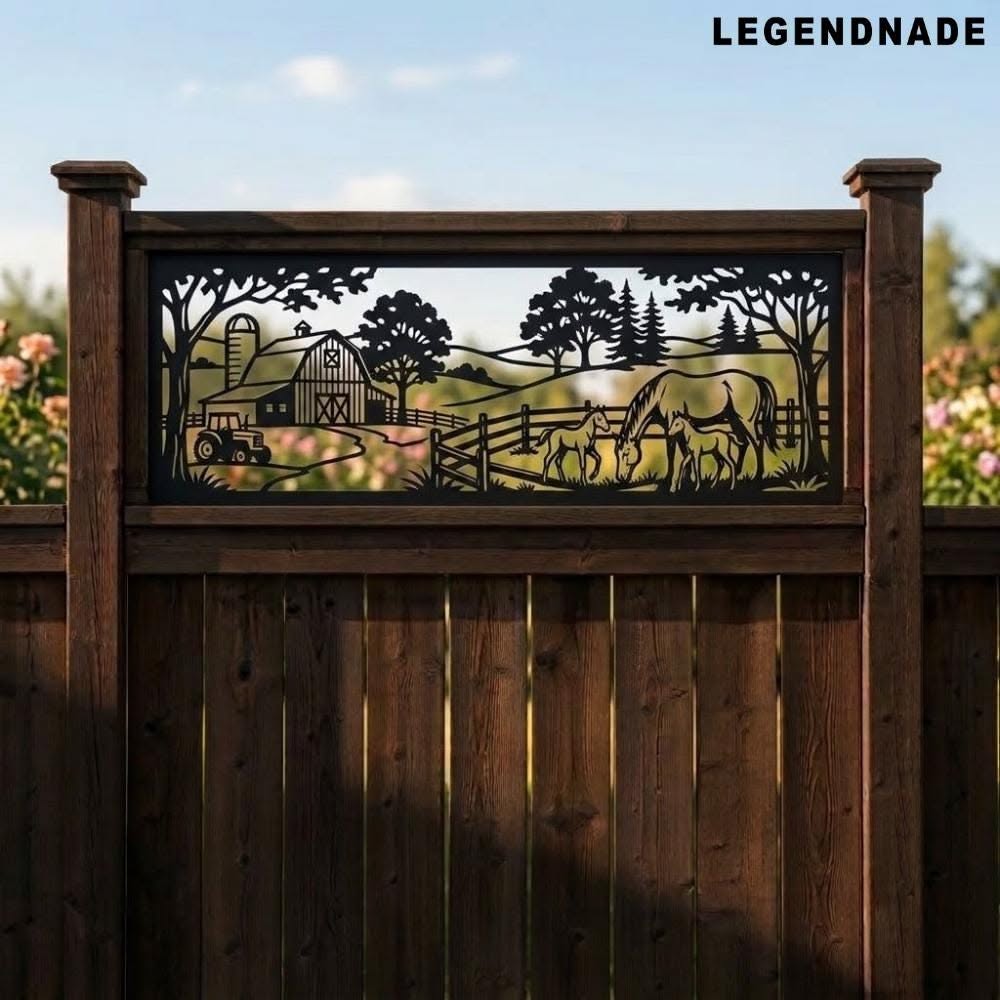 Decorative Farm Scene Metal Panel on Rustic Wooden Backyard Fence