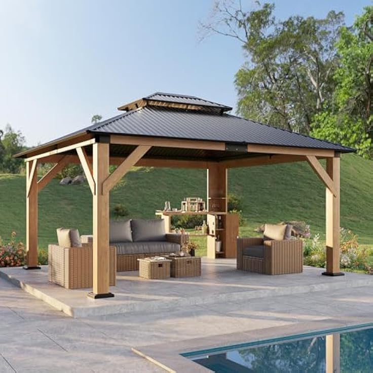 Modern Poolside Gazebo with Wood Frame and Metal Roof