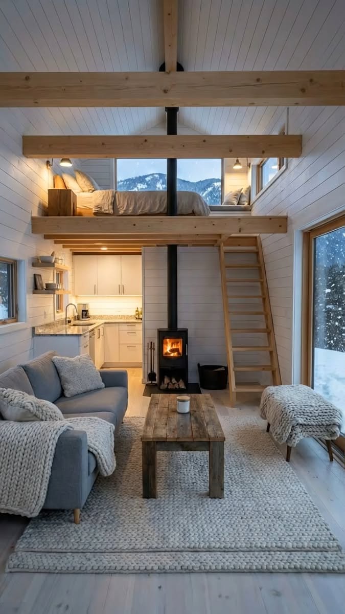 Cozy Modern Cabin Living Room with Lofted Bedroom and Wood Stove