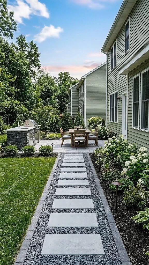 Modern Backyard Patio with Paver Walkway and Outdoor Dining Area