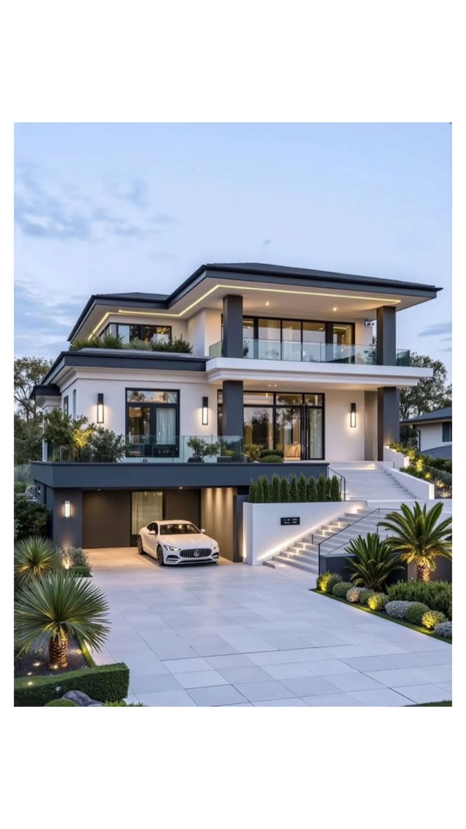 Contemporary Two-Story Home Exterior With Expansive Driveway and Modern…