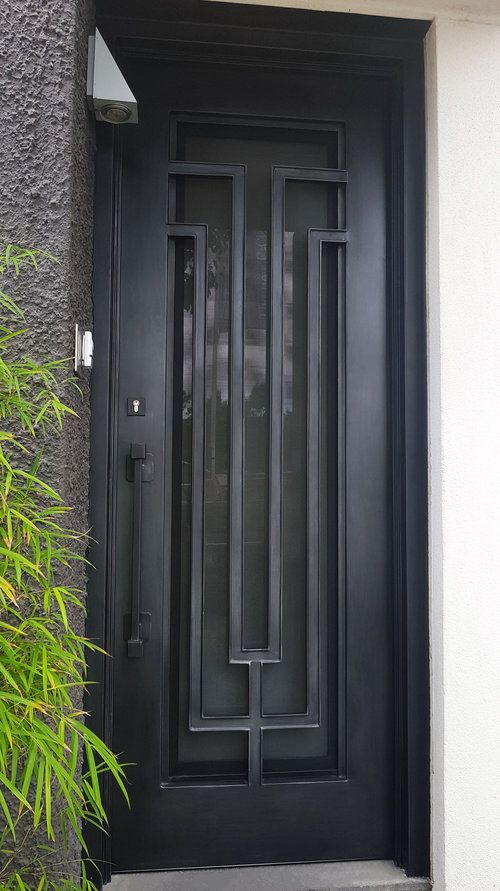 Modern Black Steel Entry Door with Geometric Glass Insets