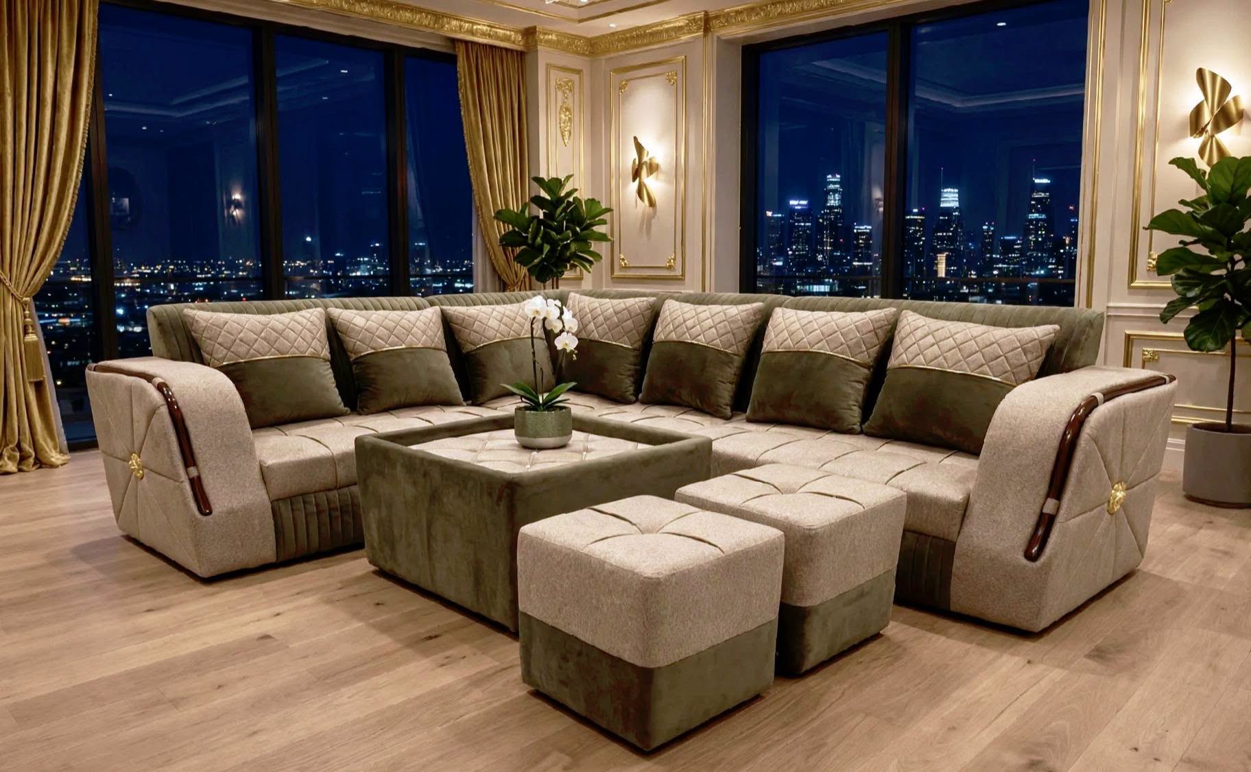 Elegant Living Room With Velvet Sectional and City Skyline View